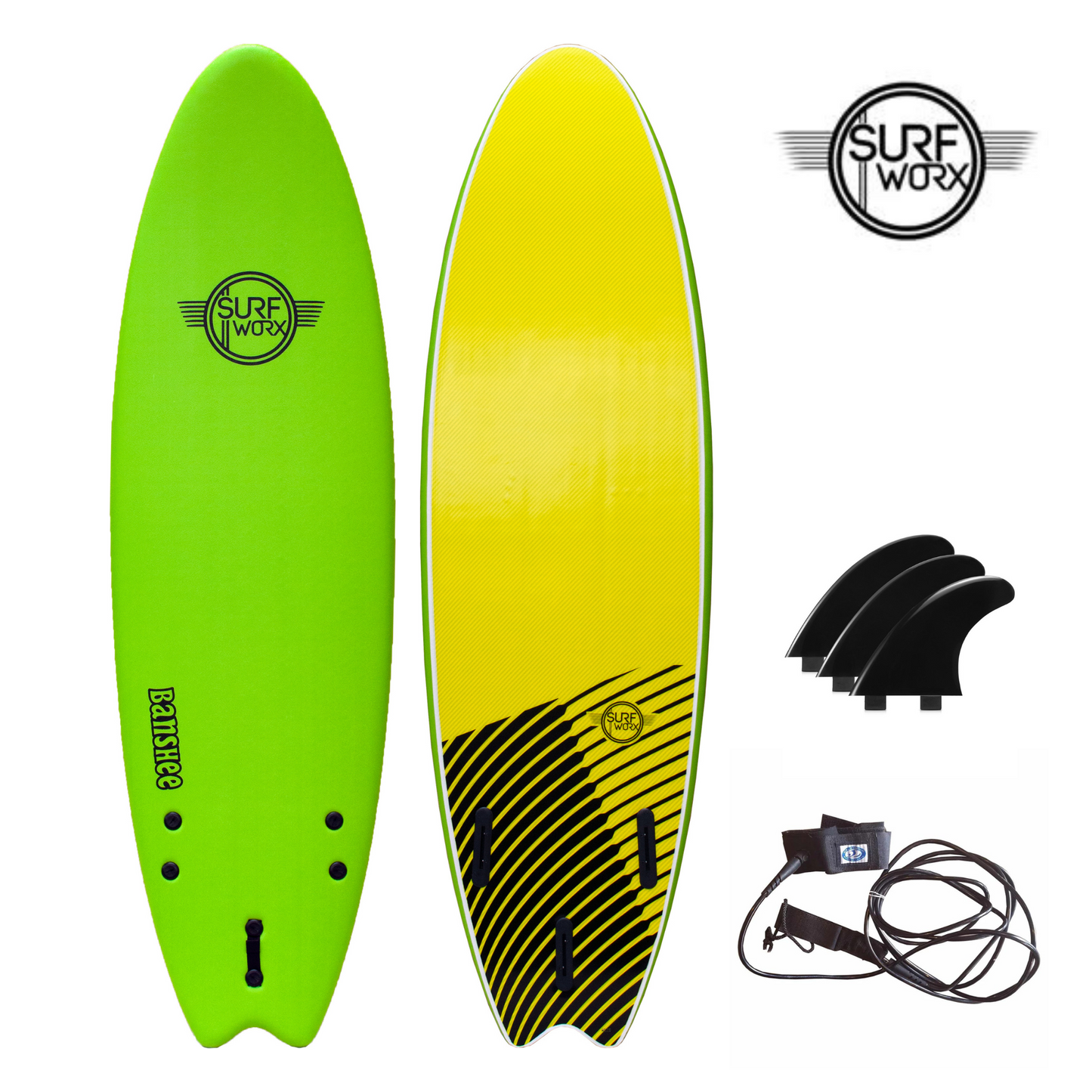 SURFWORX Softboard Surfboard Banshee Hybrid (+FREE Fins & Leash)